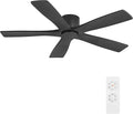 WINGBO 54" Flush Mount DC Ceiling Fans Without Lights, 5 Carved Solid Wood Blades, 6-Speed Reversible DC Motor, Low Profile Hugger Ceiling Fan No Lights for Living Room Bedroom Patio, Matte Black