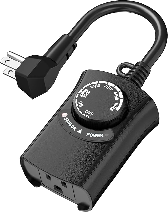 HBN Outdoor Light Timer Waterproof, Weatherproof Photocell Dusk to Dawn Light Sensor,2/4/6/8 Countdown Timer, 1 Grounded Outlet for Christmas Lights，Hallowen Deceration，1875W 15A 1/2HP