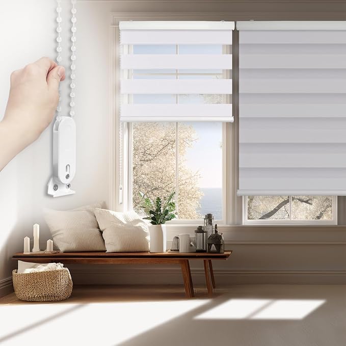 FOIRESOFT Standard Blackout Zebra Roller Blinds [Bonita, Silver White, W 32 x H 64inch] Dual Layer Privacy Shade, Room Darkening, Select 1x1 for Custom