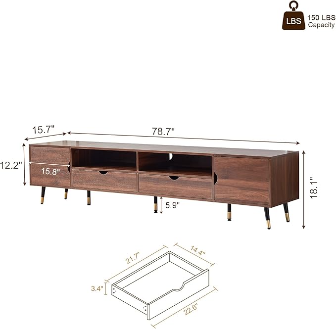siu want Mid-Century Modern TV Stand for TVs up to 85 Inch, 78.7'' Walnut Wood Media Console with Drawers & Open Storage, Solid Wood Legs, Low Profile Entertainment Center for Living Room
