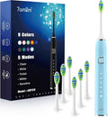 7AM2M Ultrasonic Electric Toothbrush with 6 Brush Heads for Adults&Kids, Type C Charging, One Charge for 120 Days, 5 Modes&40000VPM Powered Toothbrush, 2 Minutes Built in Smart Timer (Light Blue)
