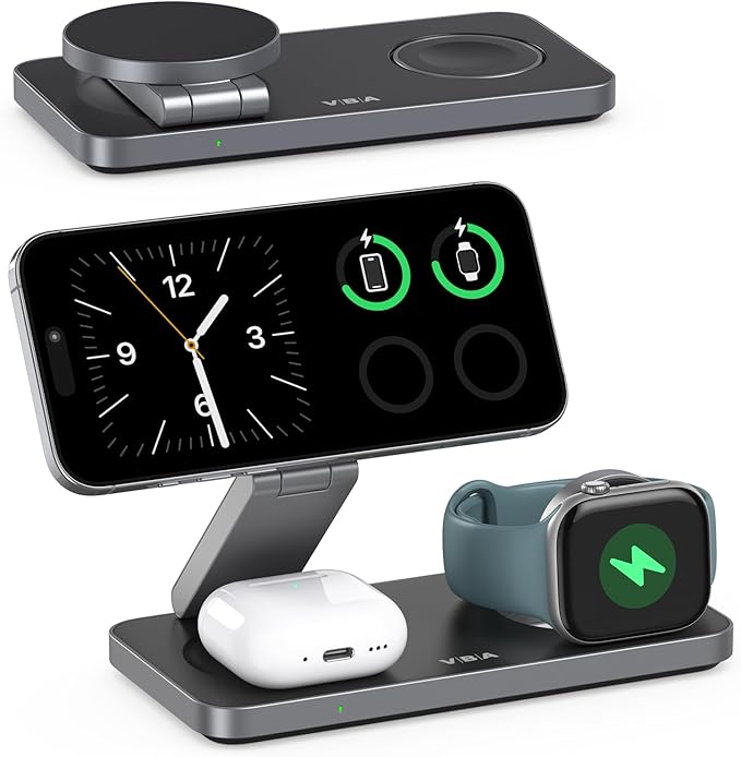 VBA 3 in 1 Wireless Charging Station for Apple MagSafe Charger,Foldable Fast Charging Magnetic Wireless Charger Stand,Travel Charger for iPhone 17 Air 16 15 14 13 12,Apple Watch,AirPods (Black)