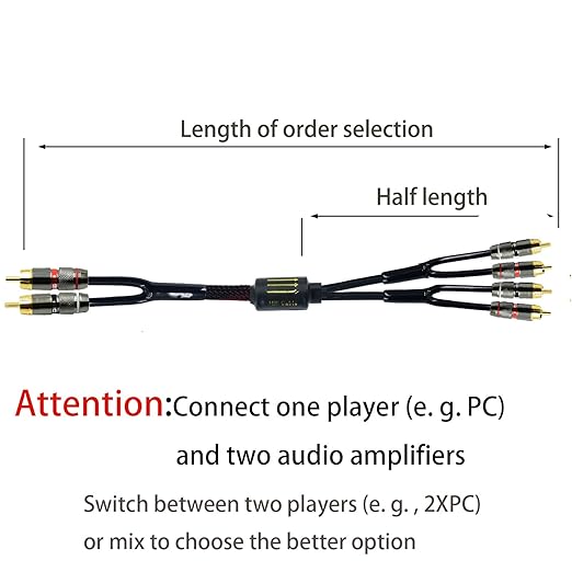 Arklove 25ft Shielded RCA Plug Splitter Stereo Audio Video Cable 2 Male to 4 Male Dual Speaker Y Adapter Connector Extension Cord 24k Gold Plated 1 Input 2 Output