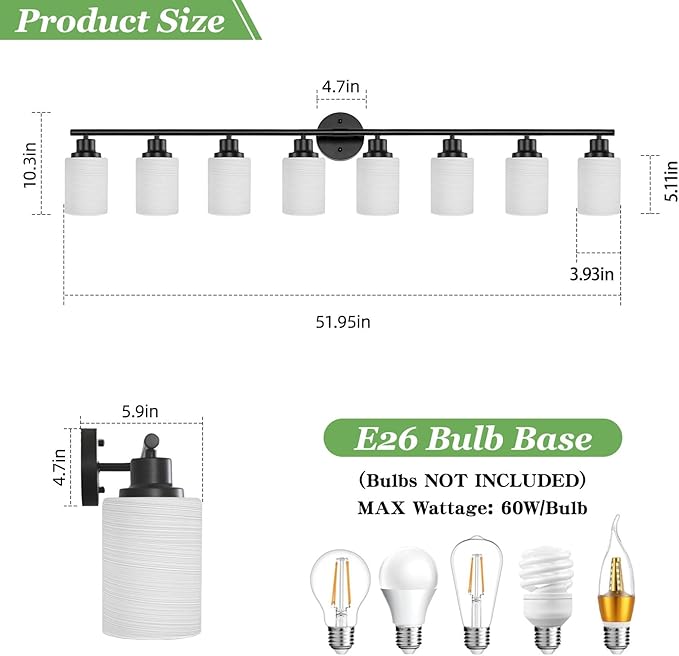 Guliaofo 8-Light Vanity Lights, Black Bathroom Light Fixture with Striped Textured Milky White Glass Shade, Modern Vanity Lighting Fixture for Bathroom Wall Light Over Mirror, E26 Wall Sconce