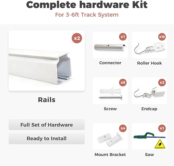 ChadMade Ceiling or Wall Mount Curtain Track Kit with Hooks, 3ft - 6ft Adjustable Length Drape Rail Set For Living Room Bedroom, Single Window Rods Work with Grommet and Pinch Pleated Curtain