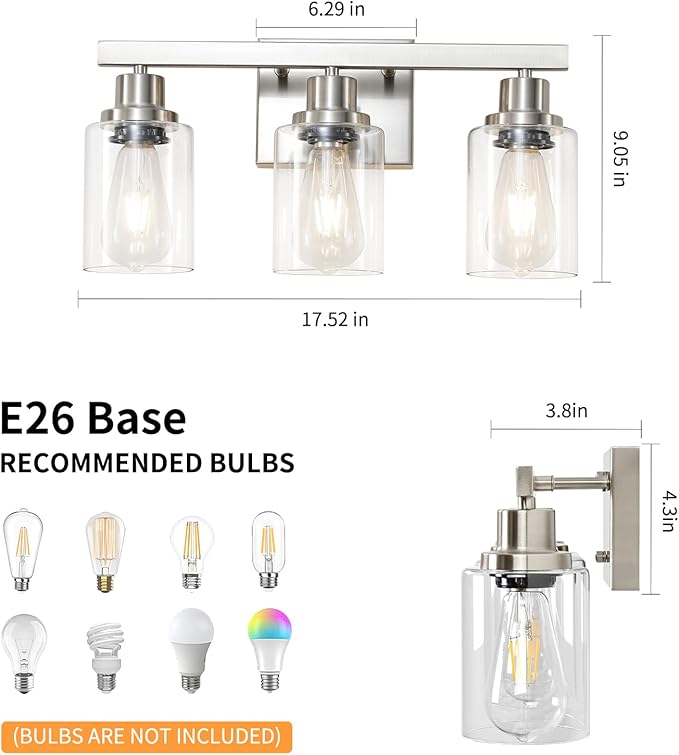 DIKAIDA 3-Light Bathroom Light Fixtures, Nickel Bathroom Vanity Light with Clear Glass Shade, Modern Bathroom Wall Lights Over Mirror, Farmhouse Wall Sconces Lighting for Bedroom Living Room
