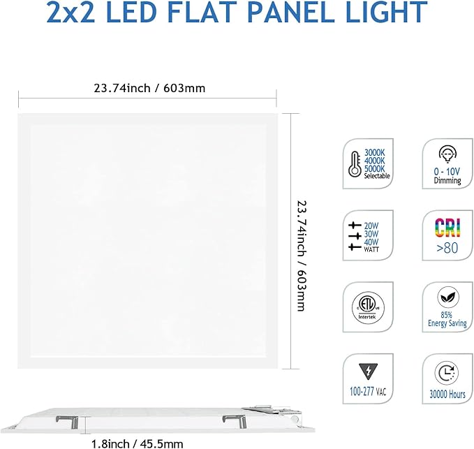 CycevSun 6-Pack 2x2 LED Flat Panel Light Drop Ceiling, 40W, Bright 4400LM, 3CCT 3000K/4000K/5000K Switchable, 0-10V Dimmable, 100-277V, ETL Listed