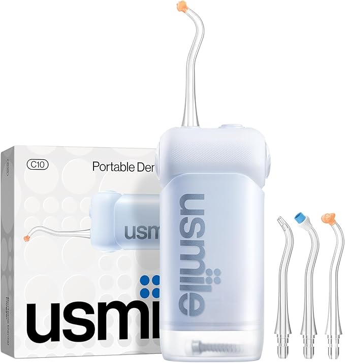 usmile C10 Portable Water Flosser – Travel-Friendly, 95-Day Battery, 4 Modes, 360° Nozzle, 180ml Tank, IPX7 Waterproof, Dentist-Recommended for Braces, Implants & Sensitive Gums (Blue)
