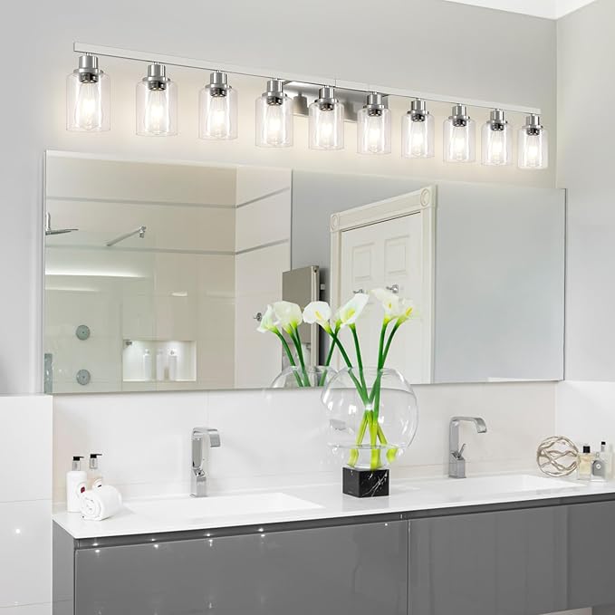 DIKAIDA Brushed Nickel Bathroom Vanity Light,10-Light Vanity Lights with Clear Glass,64.5in Modern Bathroom Wall Lights Fixtures Over Mirror,Wall Sconces Lighting for Bedroom Living Room,E26