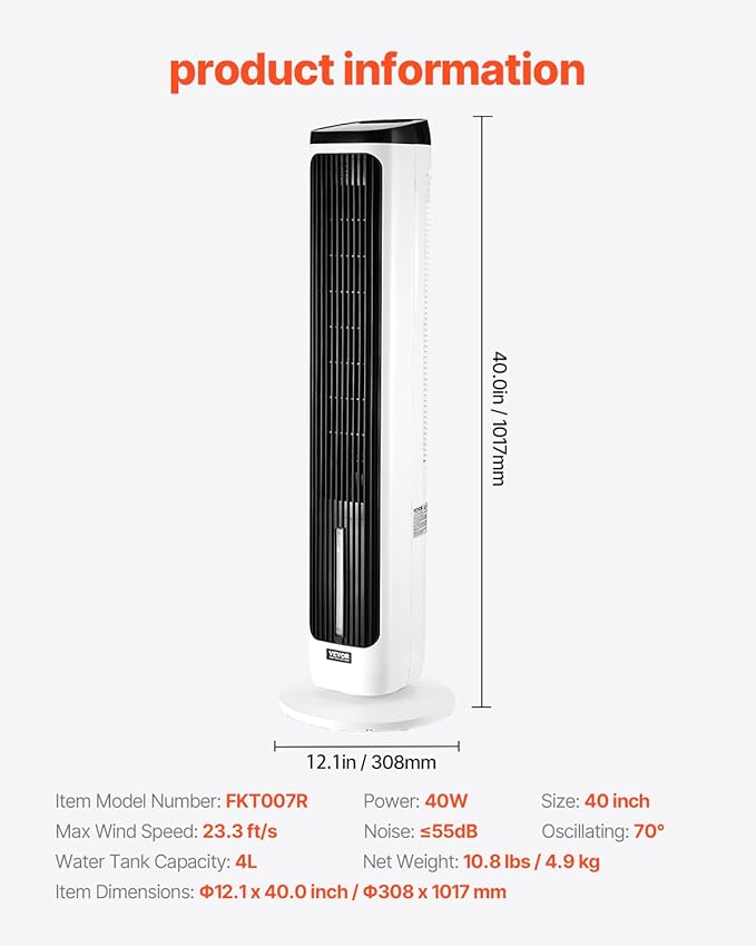 VEVOR Evaporative Air Cooler, Standing Fans that Blow Cold Air, 23.3ft/s 70° Remote Oscillating Tower Fan w/ 9-Speed 4 Mode, 24H Timer, Swamp Cooler, Portable AC Fan for Bedroom, Office