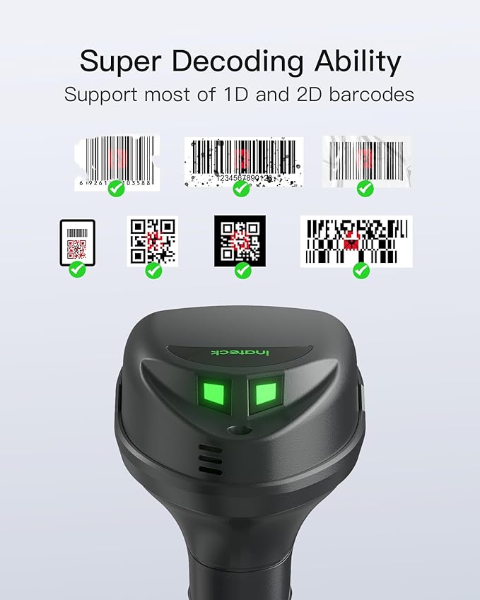 Inateck Wireless Barcode Scanner, 1D/2D QR Code Scanner with Smart Base, Bluetooth/2.4G/USB 3-in-1 Connectivity, Compatible with Windows/iOS/Android/Mac/Linux for Retail/Warehouse/Logistics