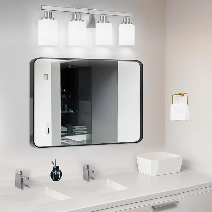 DIKAIDA Bathroom Vanity Light, 4-Light Nickel Modern Bathroom Light Fixtures with Milky White Glass Shade, Wall Lights,Bath Vintage Wall Mounted Lamps for Mirror Bedroom Living Room Hallway Cabinet