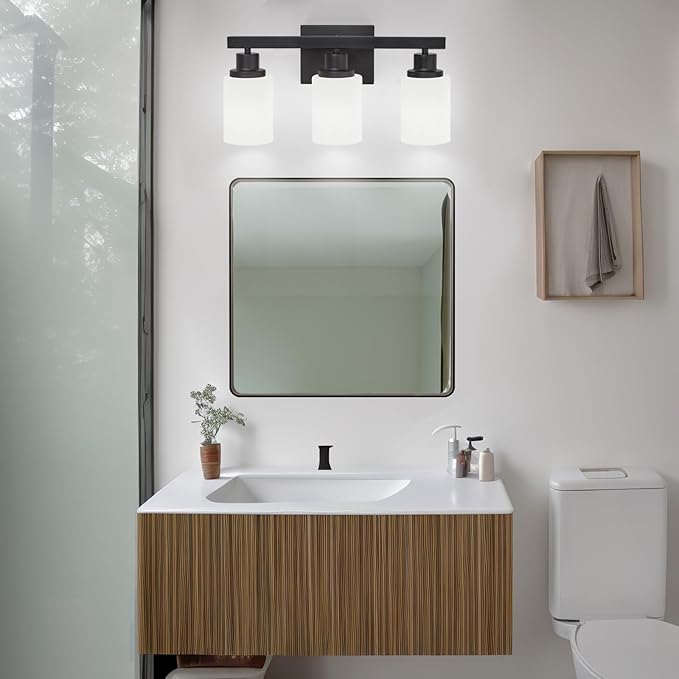 DIKAIDA 3-Light Bathroom Light Fixtures Over Mirror, Modern Matte Black Vanity Lights with White Frosted Glass Shade, Bathroom Wall Lamp Sconces for Mirror Bedroom, Living Room Hallway
