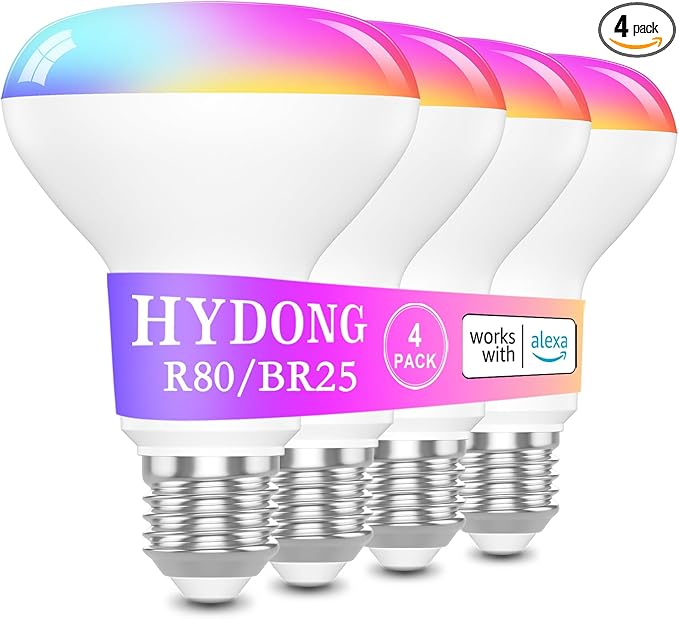 HYDONG Smart RGB Bulb,BR25/R80,Smart Bulbs Compatible with Alexa,Color Changing LED WiFi Bulb 12W,2.4Ghz WiFi Only.E26/E27Base,4Packs