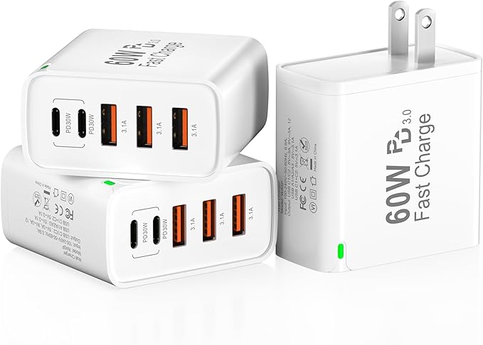 3Pack USB C Fast Charger Block, Total 60W 5-Port USB C Wall Charger 30W Type C Charging Block, 2USB C+3USB A PD 3.0 Multiport Charging Cube for iPhone 17 16 15 14 Pro Max, G-alaxy S25 S24 Ultra, i Pad