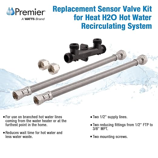 Watts Premier Replacement Sensor Valve Kit for 500800, 500805, HWRS-WH Watts Instant Hot Water Recirculation System, Two 12" Supply Lines, Two Reduced Fittings 1/2" FTP - 3/8" MPT, Two Mounting Screws