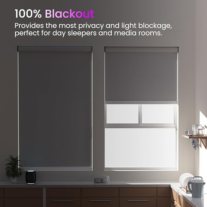 Astomi Motorized Roller Shades for Windows, Blackout Automatic Blinds with Remote, Smart Blinds, Voice Control, Compatible with Alexa, Google, Custom Size (Woven Grey)