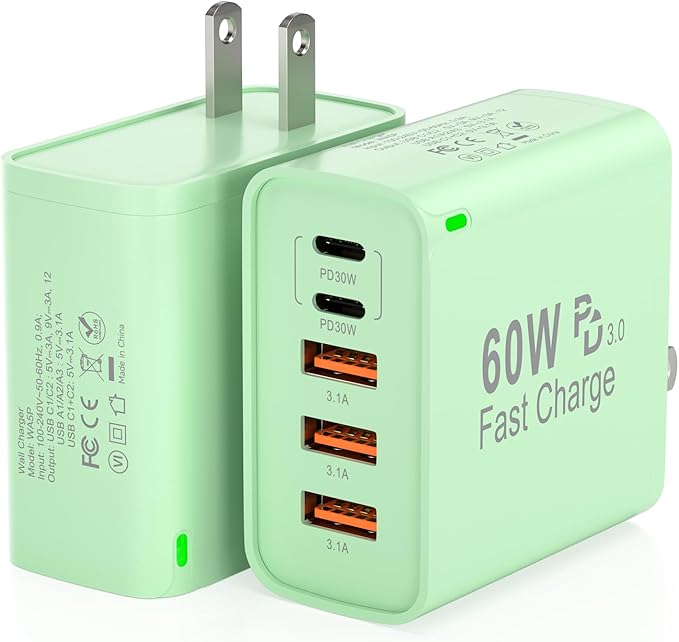 2Pack USB C Fast Charger Block, Total 60W 5-Port USB C Wall Charger 30W Type C Charging Block, 2USB C+3USB A PD 3.0 Multiport Charging Cube for iPhone 17 16 15 14 Pro Max, G-alaxy S25 S24 Ultra, i Pad