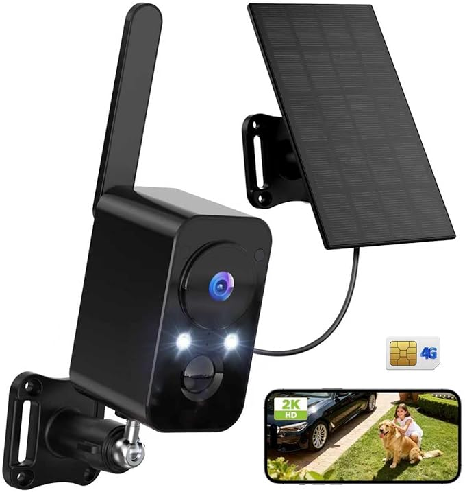 IHOXTX 4G SIM Cellular Security Cameras Wireless Outdoor/Indoor with Solar Panel: No WiFi Battery Operated Camera for Home Security with 2-Way Audio - Color Night Vision House CCTV Cam