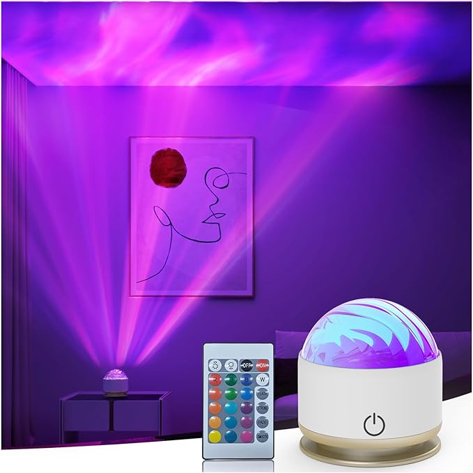 HUMIIEYE Northern Light Projector, Battery Operated Aurora Night Light, 16 Colors Galaxy Lamp Ocean Wave Ceiling Projector Mood Ambient Lighting for Bedroom Party Adults Kids Room Toddler Girl Gift