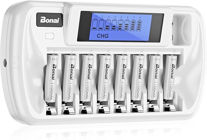 BONAI Rechargeable AAA Batteries with Charger, 8+1 Bay Battery Charger AA AAA with LCD Display for 1.2V NiMH AA AAA 9V, 1100mAh High Capacity Low Self Discharge- 8 Pack