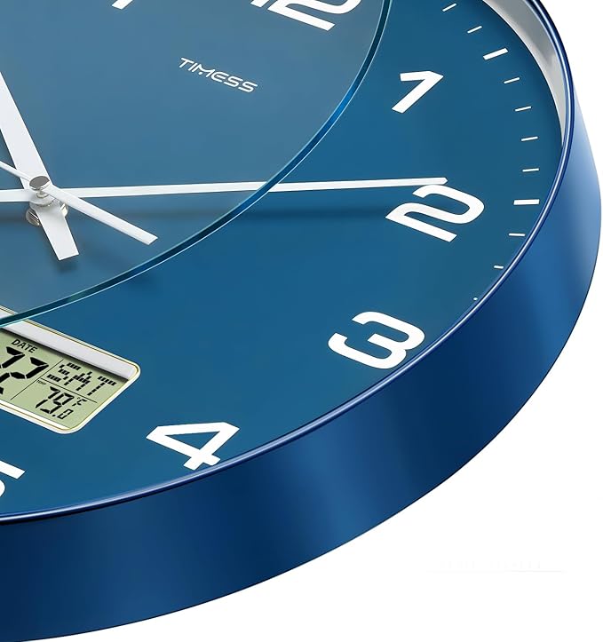 TIMESS Wall Clock, 12" Dial Non-Ticking Silent Battery Operated Analog with LCD Display for Perpetual Calendar and F° Temperature, Ideal Modern Home, Bedroom, Kitchen, Office Decor (Blue)