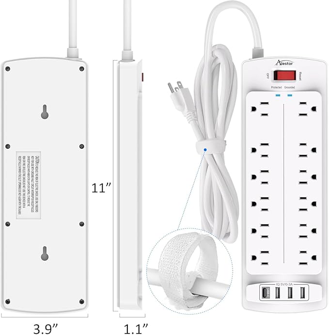 Power Strip, ALESTOR Surge Protector with 12 Outlets and 4 USB Ports(1 USB C Port), 10 Feet Extension Cord (1875W/15A), 2700 Joules, ETL Listed, White