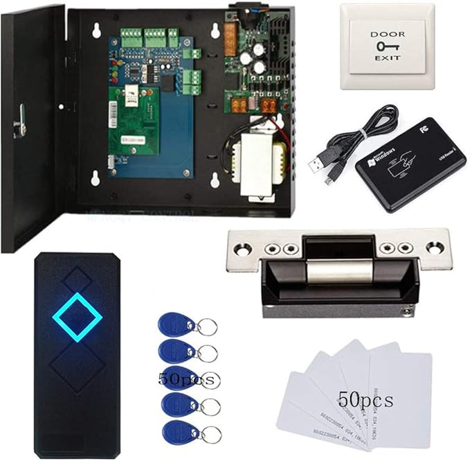 MENGQI-CONTROL Electric Strike Lock Complete TCP/IP Network Single Door Access Control Board System Kits with 110V Metal Power Supply RFID Reader+Exit Button Phone APP remotely Open Door