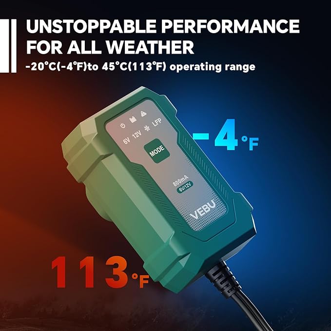 VEBU Motorcycle Trickle Charger 800mA Smart Battery Charger & Maintainer - Automatic for 6V/12V Lead Acid/Lithium Batteries, Plug & Play for Car Motorcycle Boat RV
