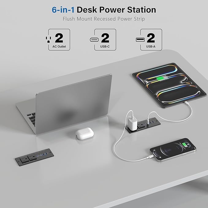 Recessed Power Strip USB C 65W Fast Charging Station,in Drawer Outlet,Furniture Flush Mount for Desktop,Workspace Essential Desk Outlet (Black, 10FT)