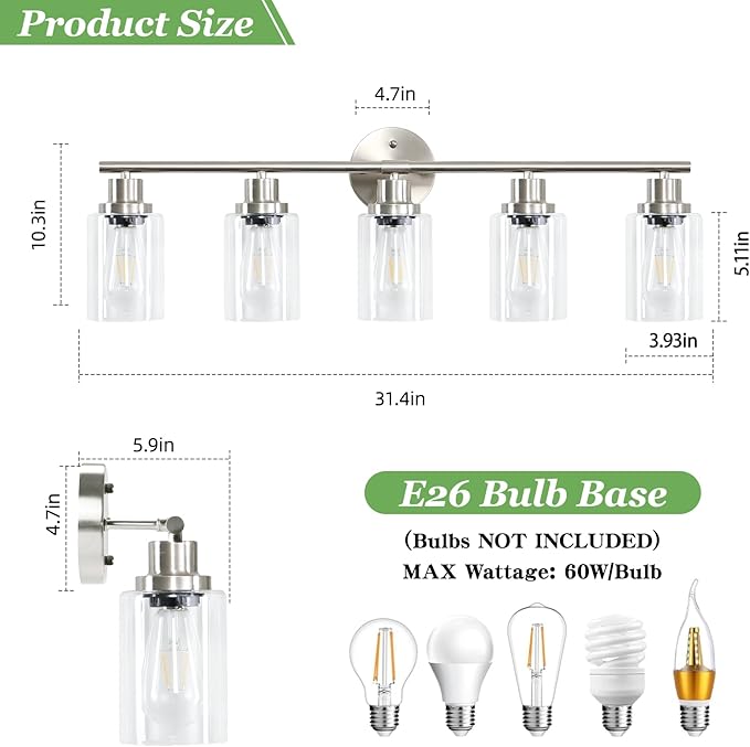 Guliaofo 5-Light Bathroom Vanity Lights, E26 Modern Brushed Nickel Bathroom Light Fixtures with Clear Glass Shade, Mirror Kitchen Hallway Cabinet Living Room Sconces Wall Lights
