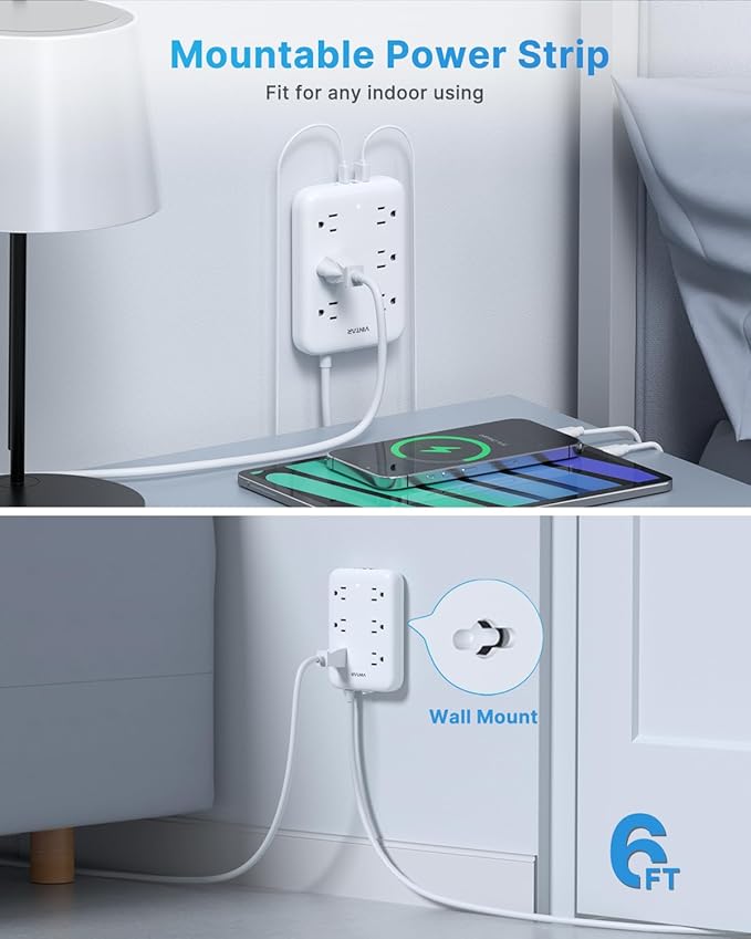 2 Prong Power Strip, VINTAR 2 Prong to 3 Prong Outlet Adapter, 6ft Extension Cord with 6 Outlets & 4 USB(2 USB-C), Two Prong Surge Protector, Flat Polarized Plug Wall Mount for Non-Grounded Outlet