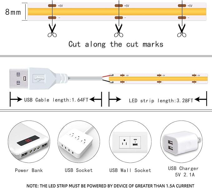 UVTaoYuan Led Strip Lights 5V USB 320 LEDs 2Pack Short COB LED Strip Light 3000K Warm White Not Dimmable Flexible Small led for Home DIY Lighting Room Decor TV Lights Indoor Use (3.28FT/1M*2)