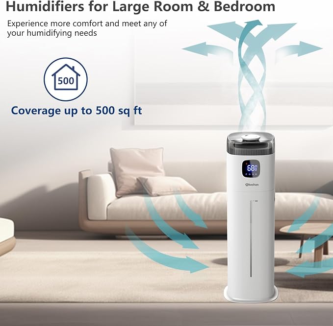 Akeshan Large Humidifier for Bedroom, 9L/2.5Gal Ultrasonic Cool Mist, Easy Clean with 350ML/H Large Mist Speed, Remote control, Quiet Tower, Suitable for Kids Room Plant Yoga