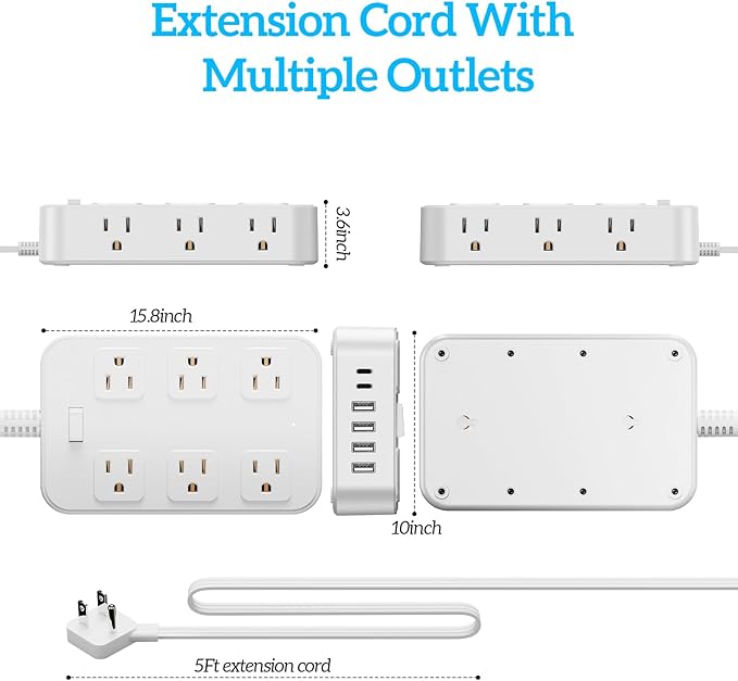 Solidock Flat Plug Power Strip Surge Protector with 12 AC Outlets 6 USB Ports 3 Side Multi Plug Outlet Extender 5 Ft Extension Cord for Home Office Kitchen Dorm Wall Desk Charging Station ETL Listed