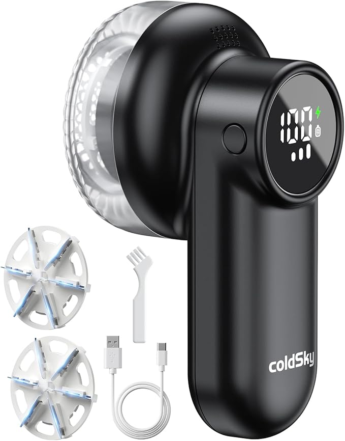 coldSky Rechargeable Fabric Shaver, Lint Shaver with Digital Display, Sweater Shaver with 6-Leaf Blades and Safety Lock, 3-Speeds Defuzzer Remove Fuzz, Pills from Clothes, Furniture, Sofa, Blanket
