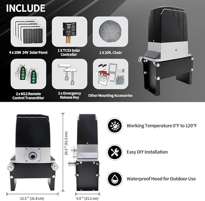 TOPENS DKC2000S Solar Sliding Gate Opener Chain Drive Automatic Gate Motor for Heavy Driveway Slide Gates Up to 4400 Pounds, Electric Gate Operator Battery Powered with Solar Panel Remote Control Kit