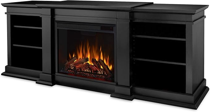 Real Flame Fresno 72" TV Stand with Electric Fireplace in Black, Entertainment Center with Electric Fireplace, Living Room TV Stand with Fireplace, fits up to 70" TV