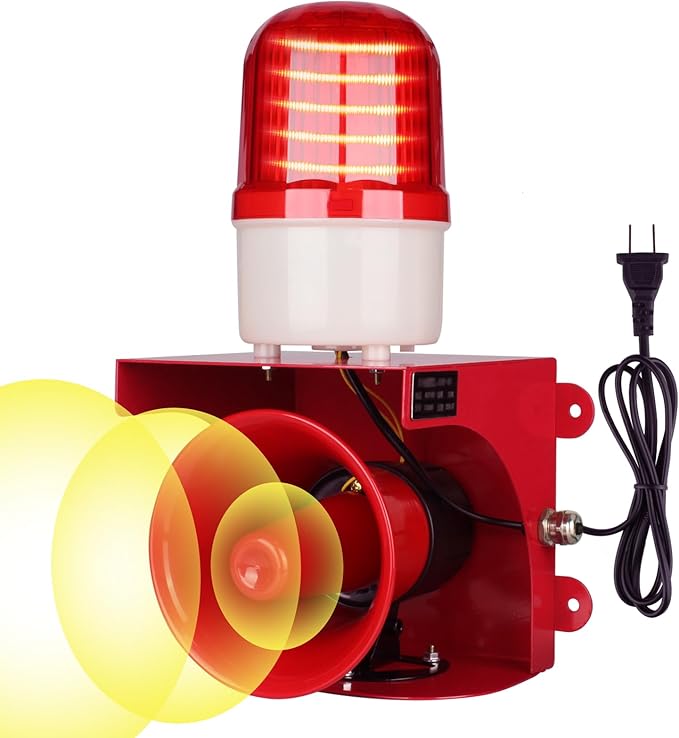 kbaoele AC110V Industrial Siren Alarm Strobe Light-120dB Loud Horn&Red Beacon Warning Light,Waterproof Indoor/Outdoor Safety Alarm for Emergency,Factory,Office,Fires,Tornado,Intruders,Animal Deterrent