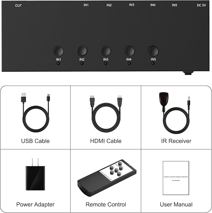 5 Way HDMI Switch 4k@60Hz HDMI Switcher 5 in 1 Out HDCP 2.0 Manual HDMI 2.0 Hub Supports 3D Compatible with Nintendo Switch/Switch OLED/Xbox/ PS5/4/3 Blu-Ray Player Fire Stick Roku Apple TV Chromeca
