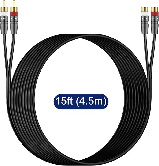 J&D 2 RCA Extension Cable Male to Female, Copper Shell Gold-Plated 2RCA Male to 2RCA Female Cable Stereo Audio Extender Cord Adapter, 15 Feet
