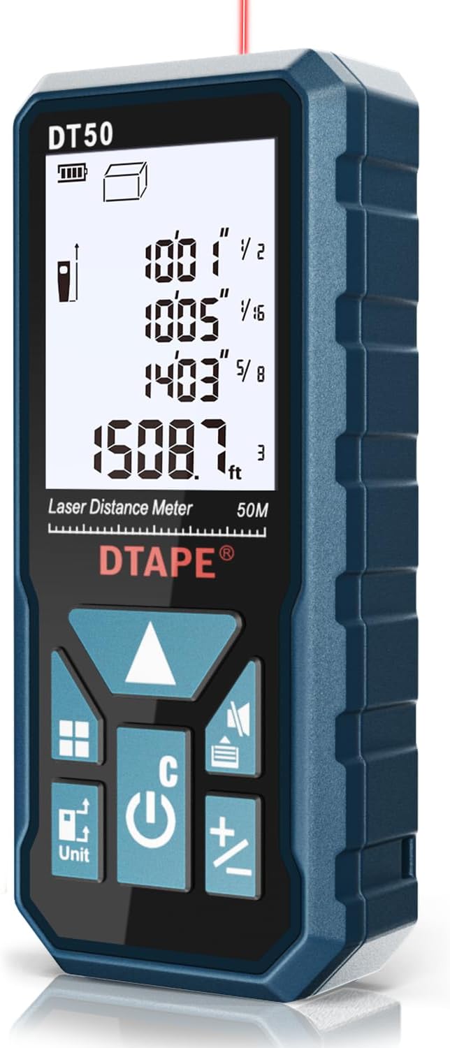Laser Measure, DTAPE 165 Ft Digital Laser Distance Meter, Upgraded High-Accuracy Laser Measuring Tool, Electronic Tape Measure, 2" Backlit LCD Display, Area/Volume/Indirect Measurement, in/Ft/Ft+in/M