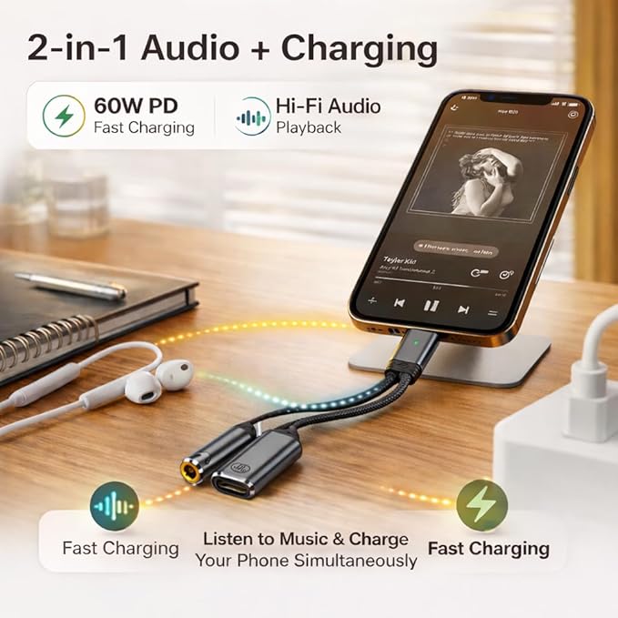 Mizi [2025 Upgraded USB-C to 3.5mm Headphone & Charger Adapter – 2-in-1 Type-C Audio Dongle with Hi-Res DAC & Fast Charging – Compatible with iPhone 16/15, Galaxy S25/S24, Pixel, iPad - Grey