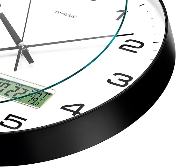 TIMESS Wall Clock, 12" Dial Non-Ticking Silent Battery Operated Analog with LCD Display for Perpetual Calendar and F° Temperature, Ideal Modern Home, Bedroom, Kitchen, Office Decor (Black)
