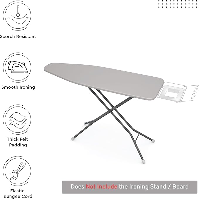 Encasa XO Ironing Board Cover and Pad 49"x18" - 4mm Felt Wide Iron Board Cover with Padding - Heat Resistant, Stain-Safe Dye, Non Slip Elastic Bungee Cord Tightening Iron Table Cover Light Grey