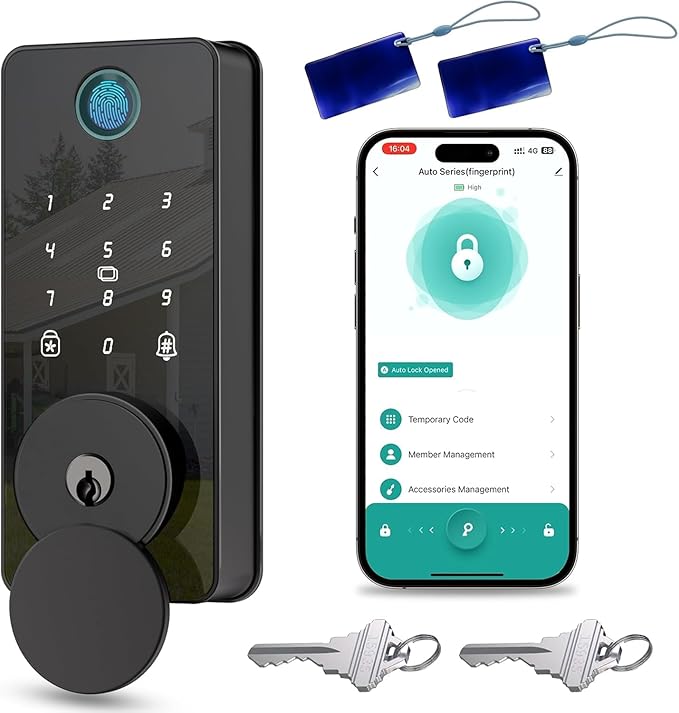 Keyless Entry Door Lock, Fingerprint Door Lock, Smart Door Lock with Keypad, Auto & One Touch Lock | Smart Locks for Front Door | Easy Installation | IP54 Waterproof | App Control | 12-Month Battery