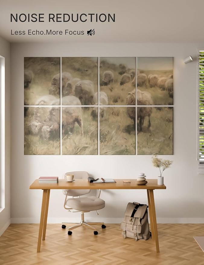 Wall Art Acoustic Panels,70''×47''Sound Absorbing Panels-8-Pack with 60 Adhesive Tabs, Decorative Sound Absorbing Panels for Living Room and Recording Studio, Offices-Hillside sheep