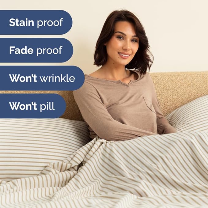 Split Head King Sheet Set – 4 Piece Flex Split Top King Sheets for Adjustable Beds - Fits 14” to 16" Mattress w/ Deep Pockets - Breathable & Cooling - Luxury Bedding and Wrinkle Free - Beige Stripes 2
