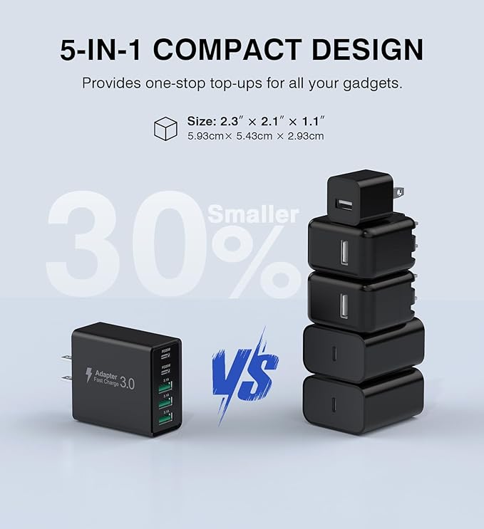 [2-Pack] USB C Wall Charger, 60W USB C Charger Block 5-Port PD Fast Charging Blocks + QC Power Adapter Brick Cube Multiport USB A Plug,Type C Cube for iPhone 17/16/15/14/13/12/Pro,Samsung,for Switch