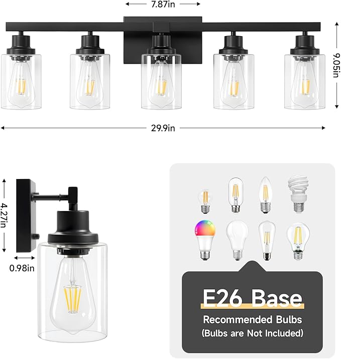 DIKAIDA 5-Light Black Bathroom Vanity Light, Modern Vanity Lighting Fixture for Bathroom, 31" Matte Light Fixture, Wall Sconces with Clear Glass Shade, Black Bathroom Wall Light Over Mirror